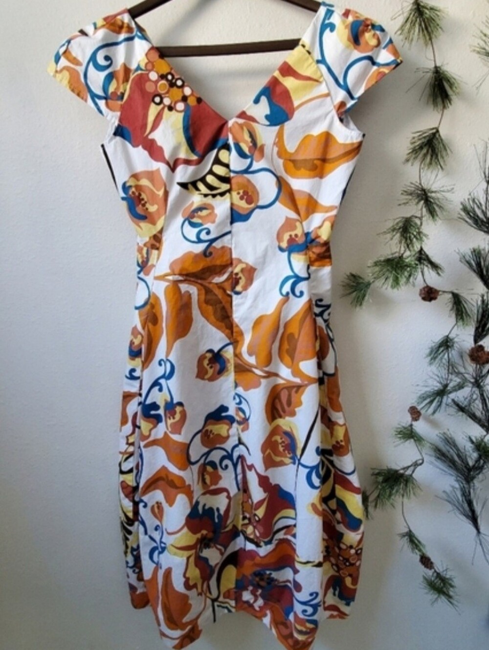 Edas Italia 100% Cotton Floral V-Neck Fit & Flare Midi Dress Italy Retro Pockets - Picture 2 of 16